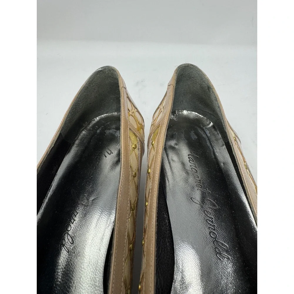 Margaret Jerrold Vintage Taupe Leather Gold Studded Low Wedge Pumps Heels 7.5 M